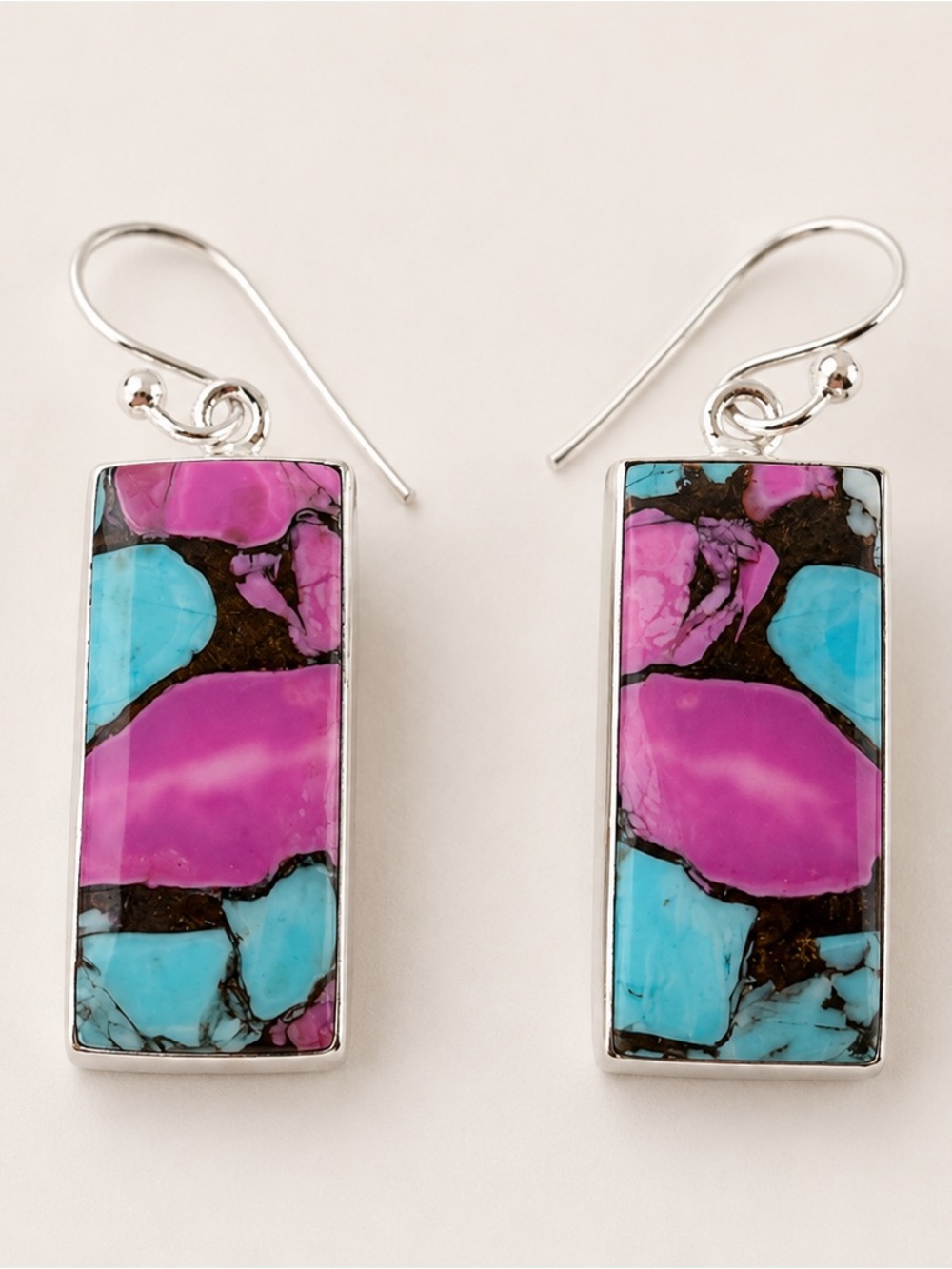 Sterling Silver Pink & Turquoise Inlay Rectangle Drop Earrings